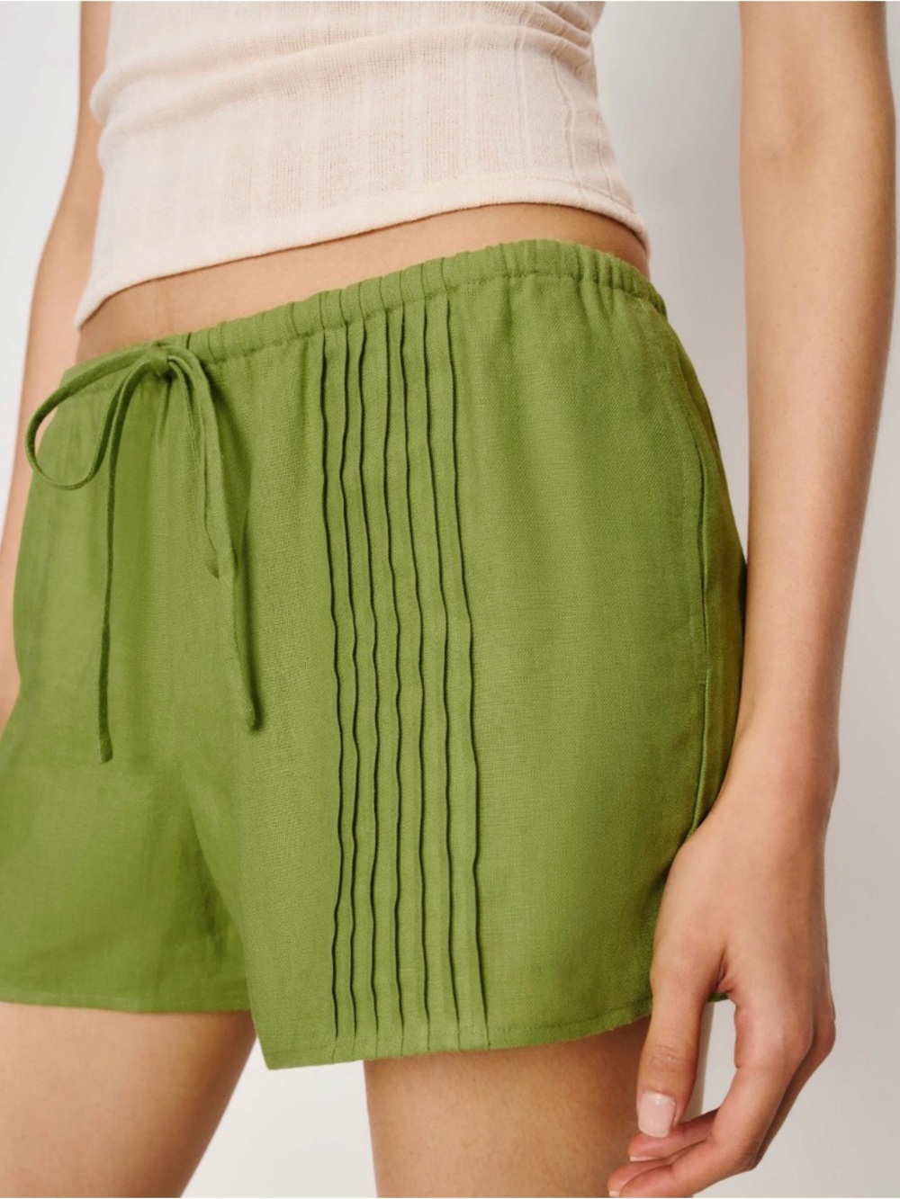 Reformation Olive Green Pleated Drawstring Shorts